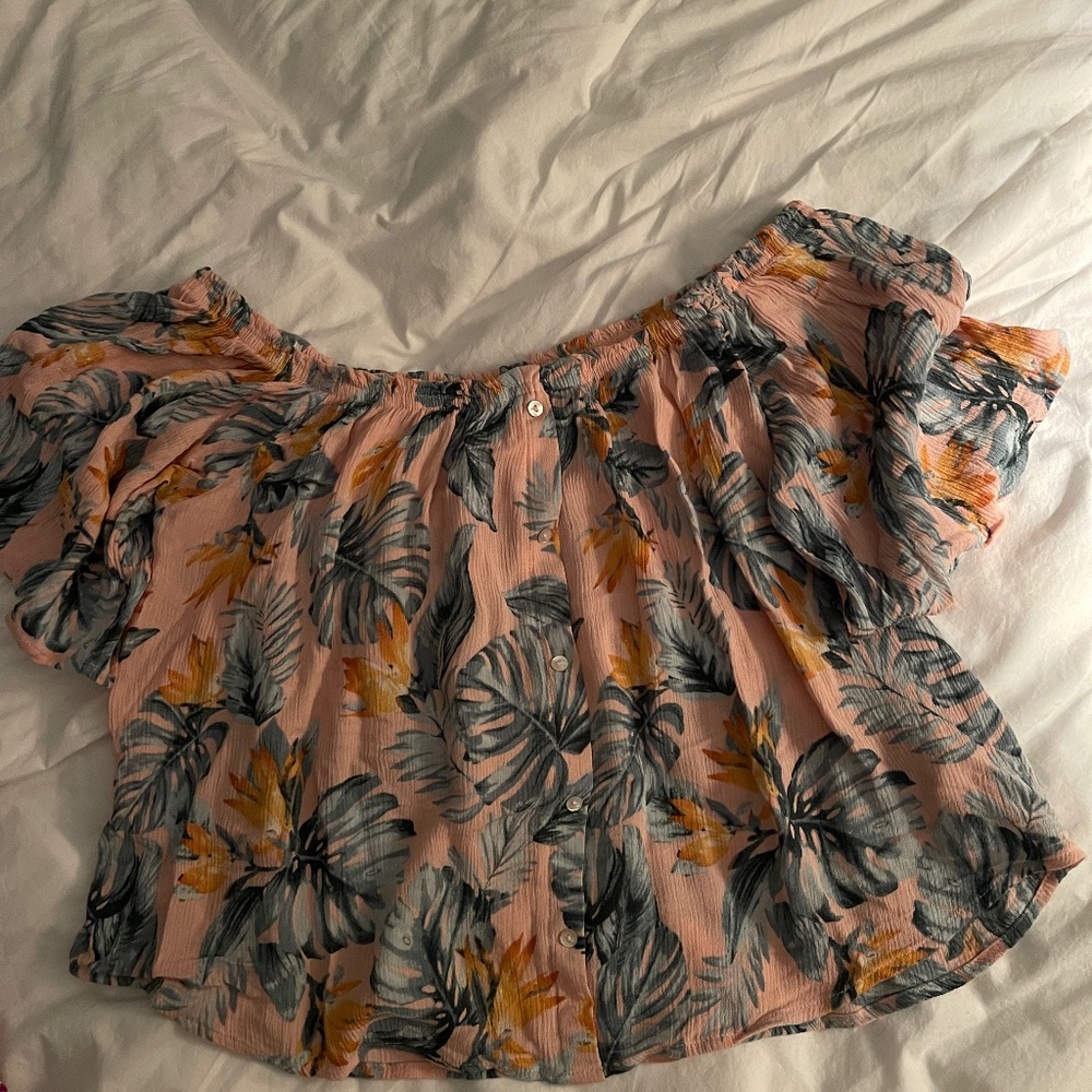 Pink and Palm Leaf off the shoulder crop top